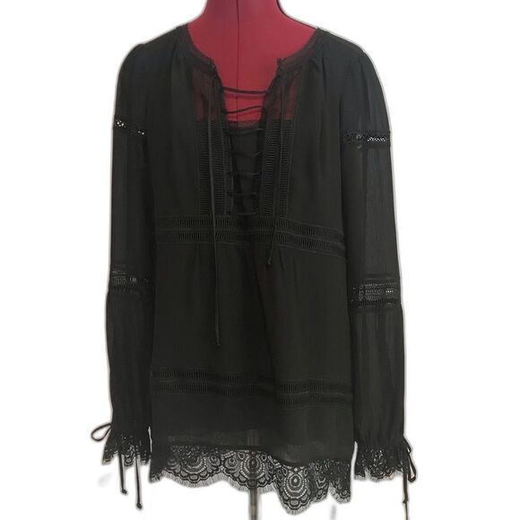 WHBM Karlee Boho Blouse Women's Size 8 Black Lace Trim Lace-Up Front Long Sleeve - Picture 1 of 16